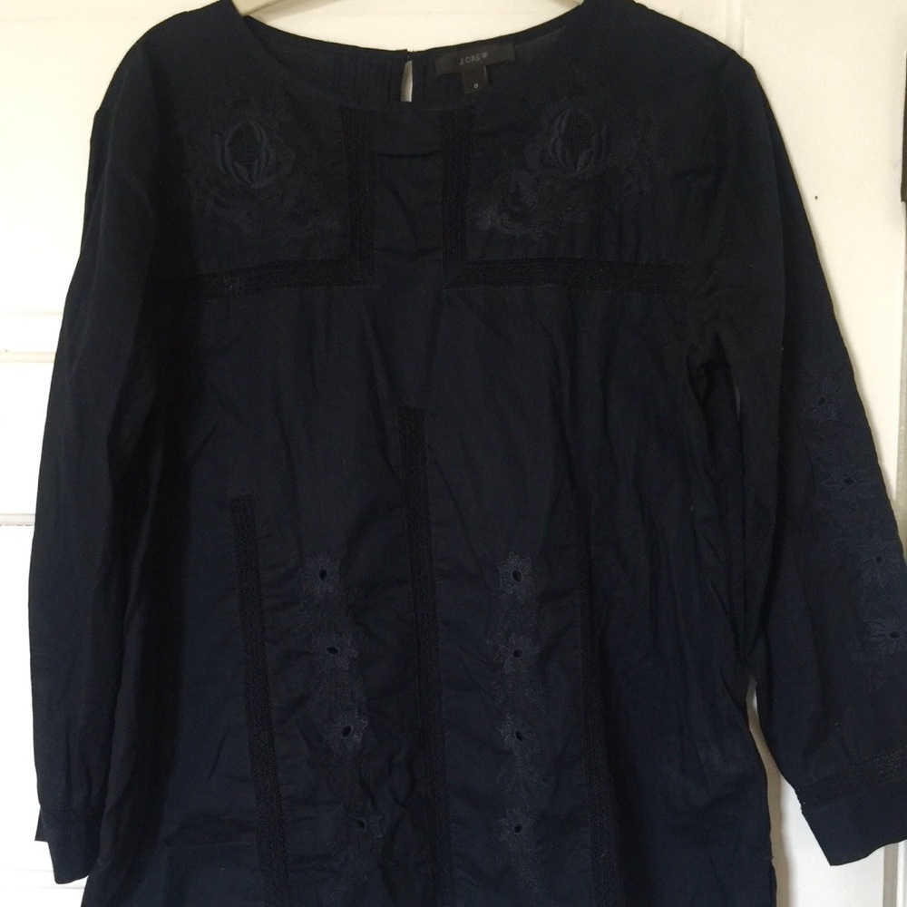 J Crew Sz 0 Navy Blue Embroidered Blouse Top